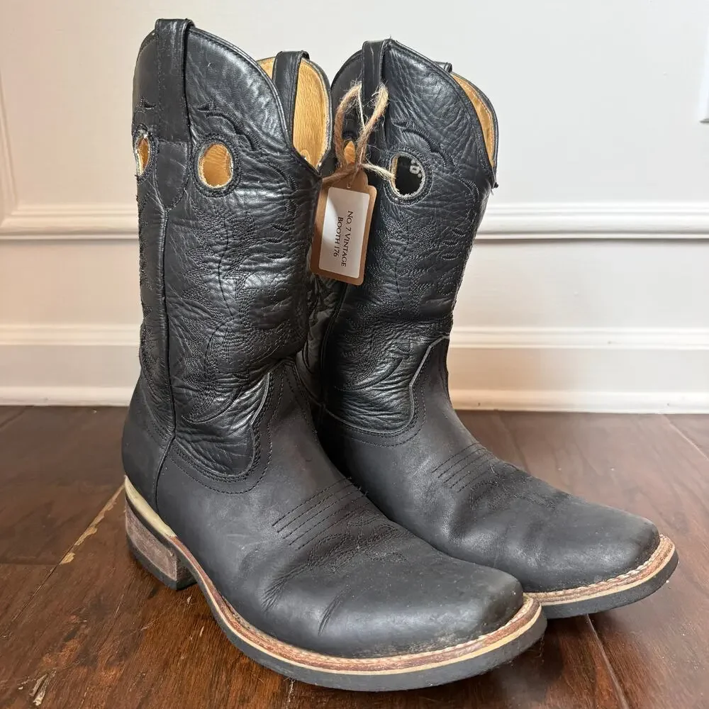 Potrero Leather Cowboy Boots Black Western Square Toe Rodeo Men's 8.5